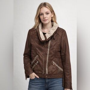 Brown Faux Leather Jacket with Shearling Collar